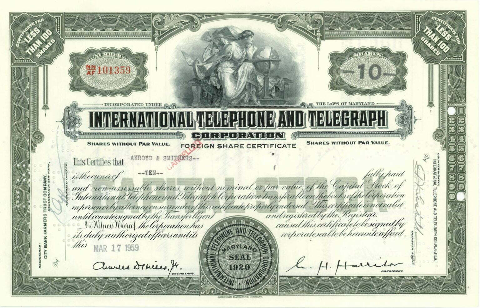 Differenza fra Azioni e Obbligazioni Titolo di capitale (Azione) di ITT Inc. del 1959