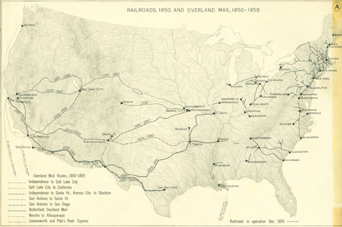RAILROADS, 1860, AND OVERLAND MAIL, 1850-1859.
